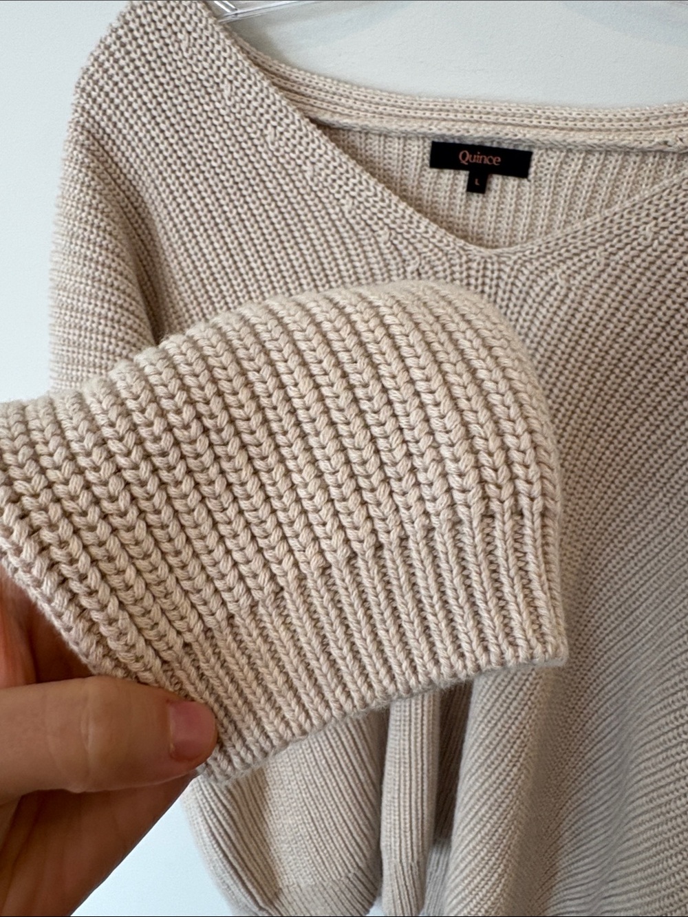QUINCE Organic Cotton Fisherman Chunky Knit Cream V-Neck Ribbed Sweater Large - Picture 9 of 9